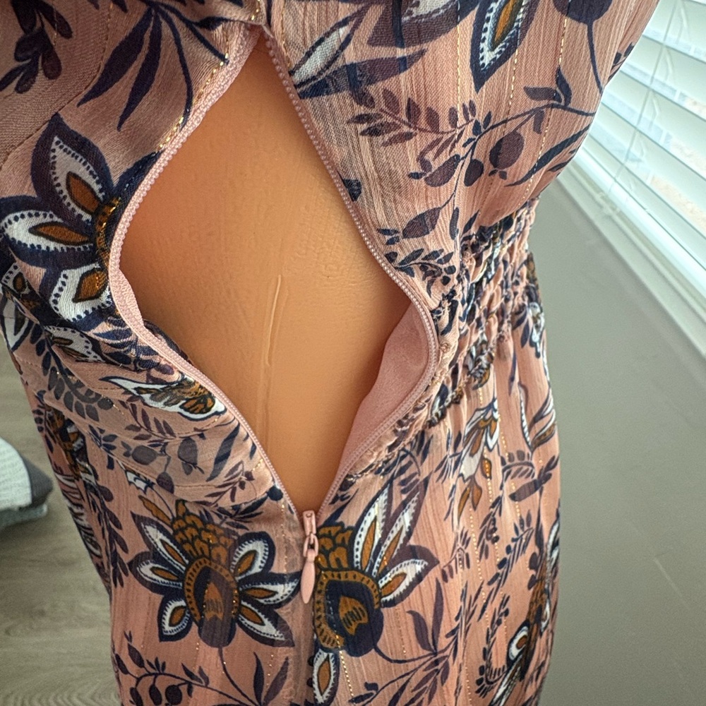 Lucky Brand Gabriella Maxi Dress Boho Flower Print Light Pink with Gold XS - Picture 8 of 13